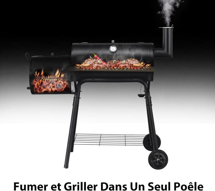 COSTWAY Houtskoolbarbecue - Offset smoker, deksel - 2 wielen - vuurhaard - bijzettafel - thermometer, grillrooster, 115x65x108cm