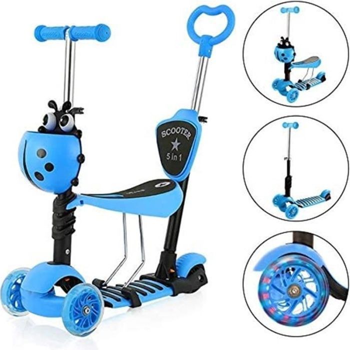 YOLEO 5-in-1 step met zitje voor kinderen, driewielige step met antislip deck en LED-wielen, in hoogte verstelbare step