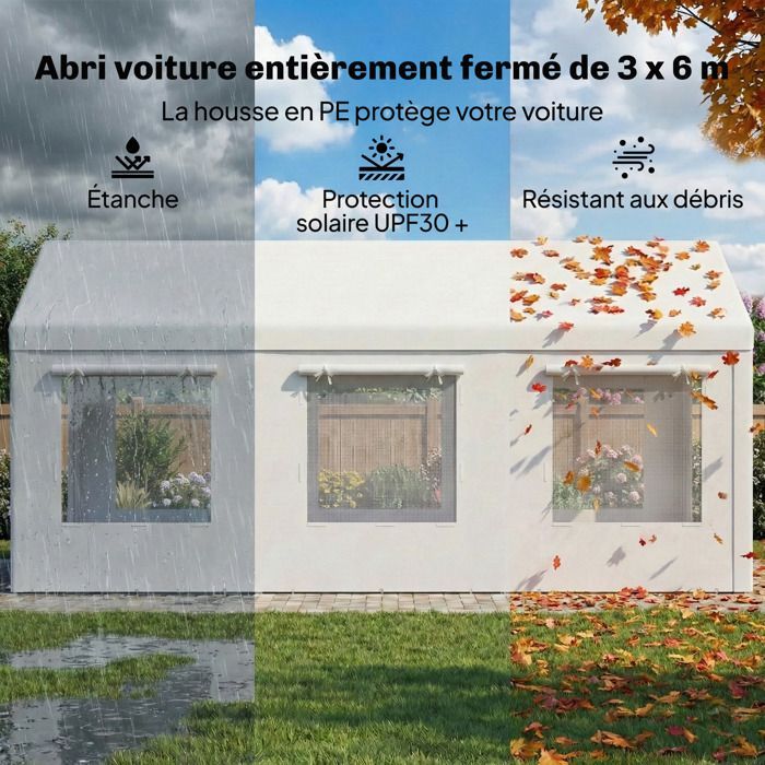 Cochera Outsunny con protección UV30+, altura regulable, 6 ventanas y mosquitera, acero galvanizado, 3x6m, color blanco.