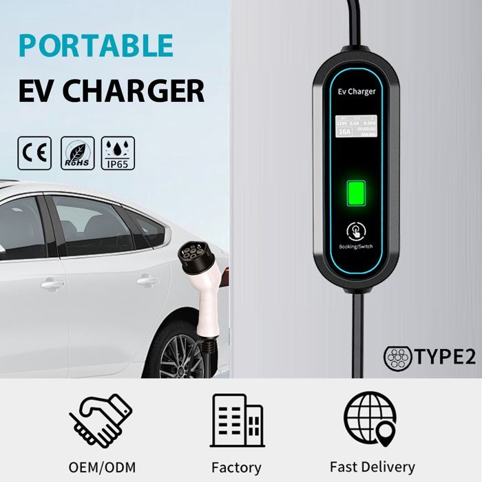 Cable de carga para coche eléctrico - 3,5 kW - Corriente ajustable (8 A/10 A/13 A/16 A) - Longitud de 3,5 m - Enchufe IEC 62196 Tipo 2 / GB/T