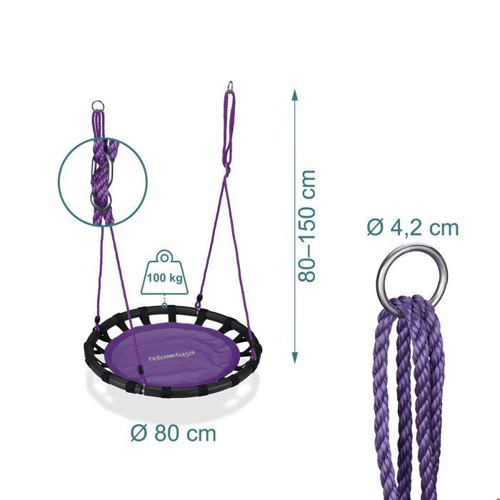 Relaxdays Balançoire nid d'oiseau rond 80 cm à suspendre panier enfant adulte jardin extérieur 100 kg, violet