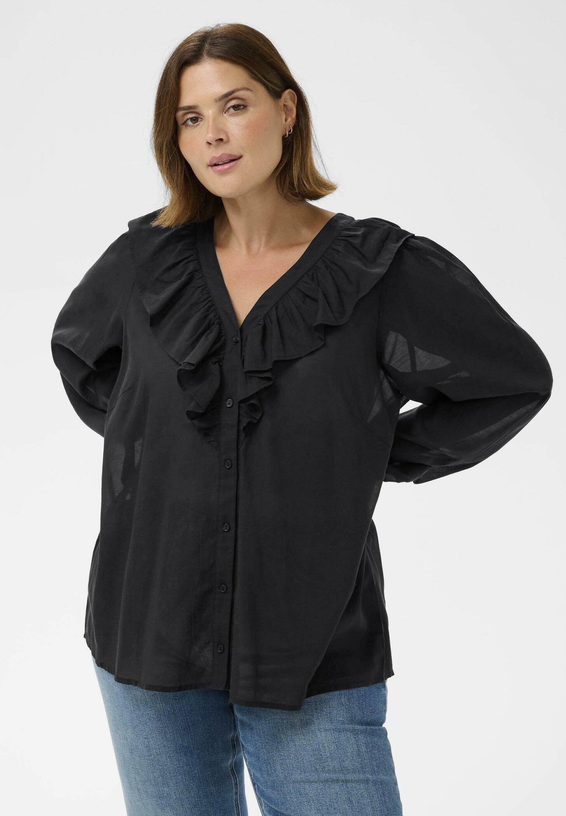 Kaffe Curve FRILL - Bluse mit Knopfleiste - tiefschwarz