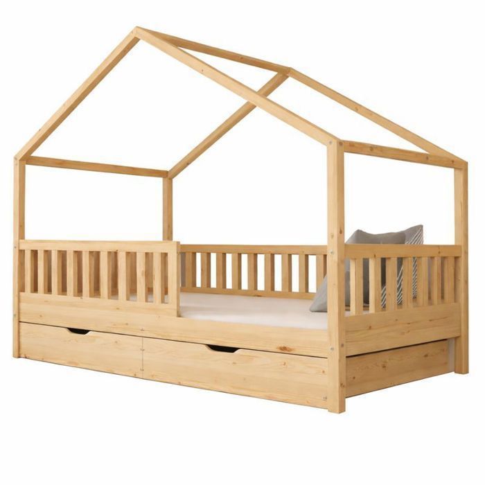 Cama infantil tipo cabaña de madera natural de 90x190 cm con 2 cajones/base de láminas sin colchón.