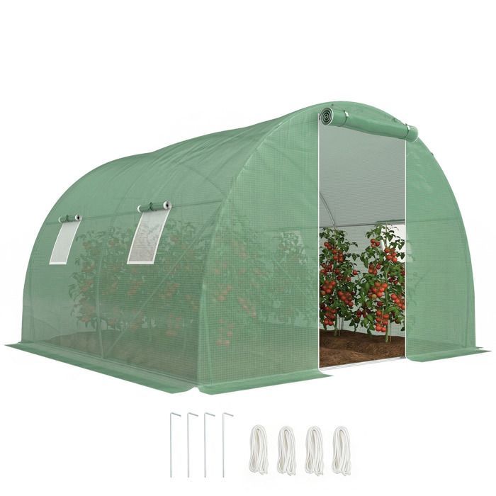 Invernadero tipo túnel Outsunny - 9 m² - 4 ventanas, puerta enrollable con cremallera - Estructura de acero galvanizado, cubierta de PE - 3 x 3 x 2 m, verde