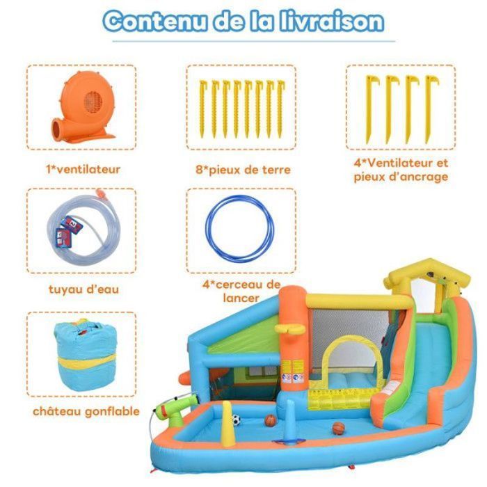Interactive outdoor bouncy castle: basketball, ring toss, play kitchen, water guns for development. INFLATABLE STRUCTURE
