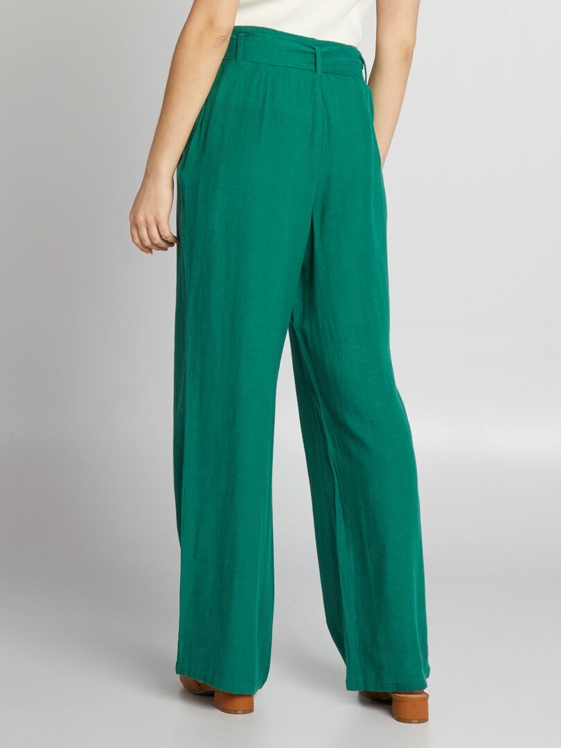 Hoge taille linnen broek met wijde pijpen - GROEN