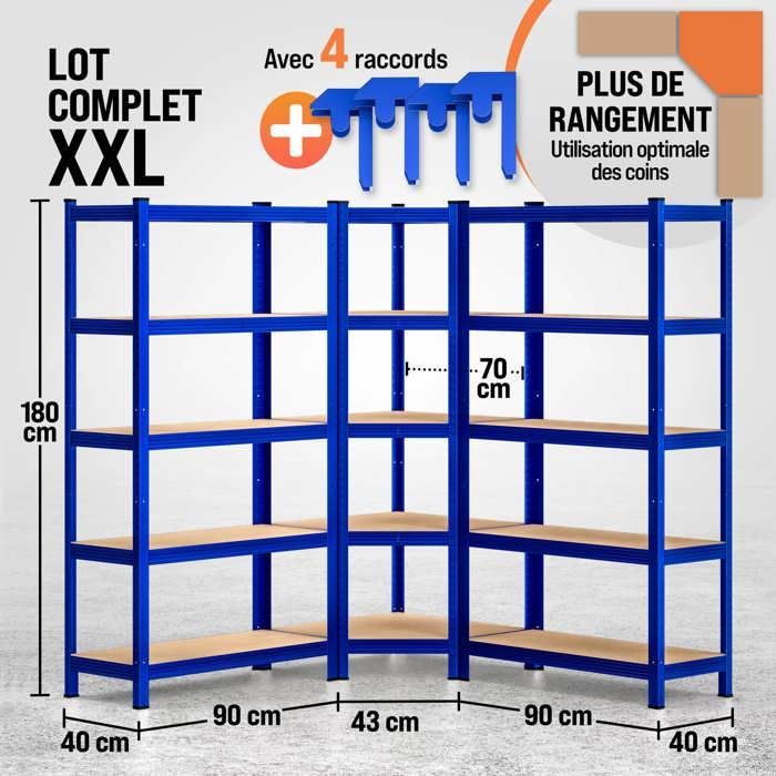 MONZANA® Juego de 3 estanterías de alta resistencia, 5 niveles, color azul, estantería metálica modular, capacidad de 2625 kg, estantería de esquina para garaje o taller.