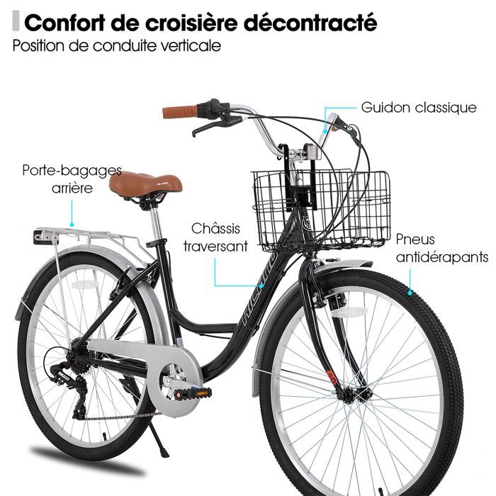HILAND 26 pouces Vélo de Ville pour Femmes - 7 Vitesses, Freins Double Sécurité, Cadre Bas, Garde-Boue et Porte-Bagages, Noir