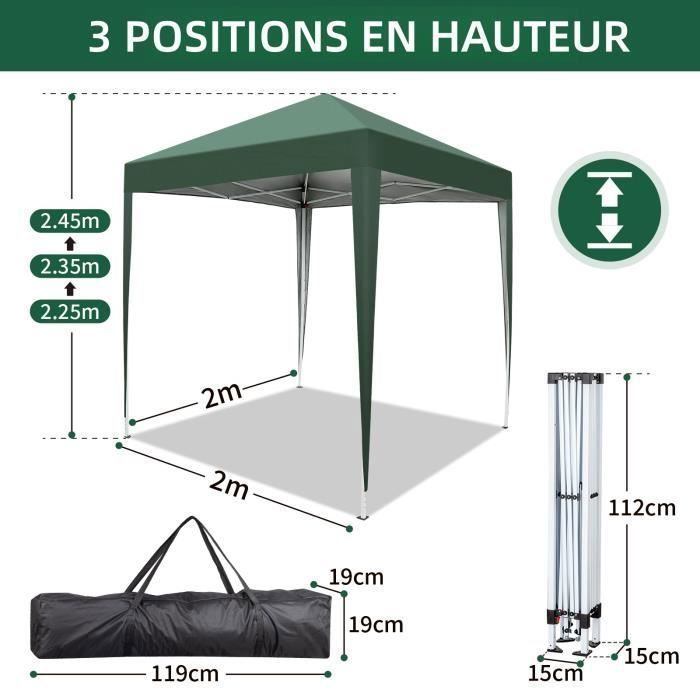 Faltbarer Gartenpavillon 2x2m, wasserdichtes Partyzelt mit 4 Seiten, silberne Schutzbeschichtung, UV-Schutz