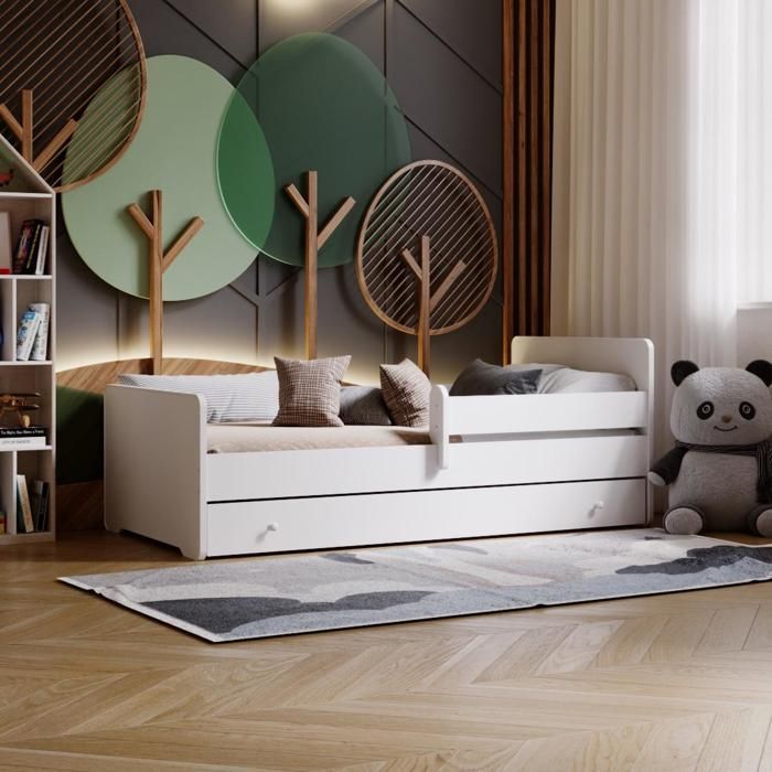 Komplettes Kinderbett 70 x 140 cm (max.) mit Lattenrost, Schutzgitter, Schublade und Matratze für Mädchen und Jungen – Einzelbett – WEISS
