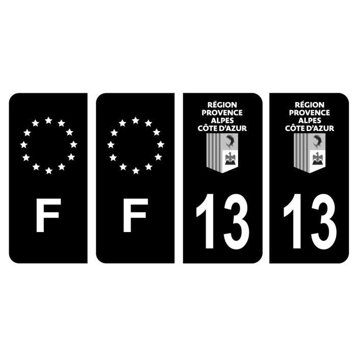 Set van 4 kentekenstickers voor departement 13 Bouches-du-Rhône, PACA-regiologo, zwart & F Frankrijk Europa