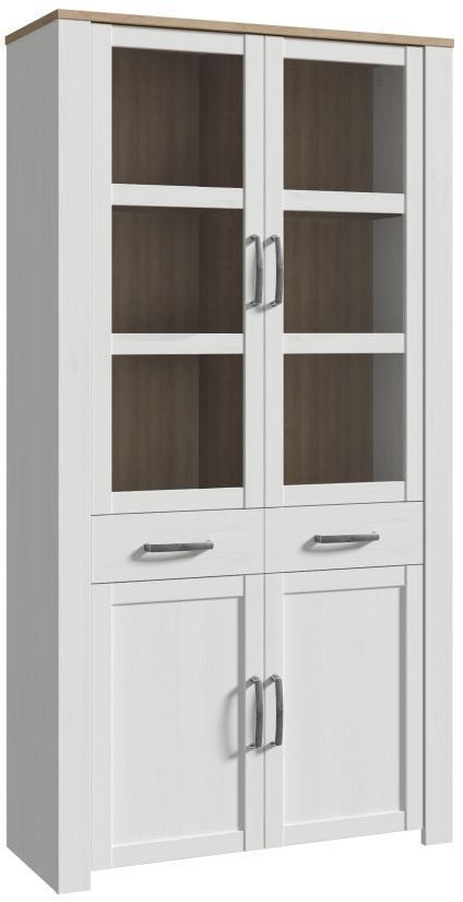 Suuri BOHOL valkoinen vitriinikaappi – 4 ovea, joista 2 lasia + 2 laatikkoa – L 106,4 × S 42 × K 205,4 cm