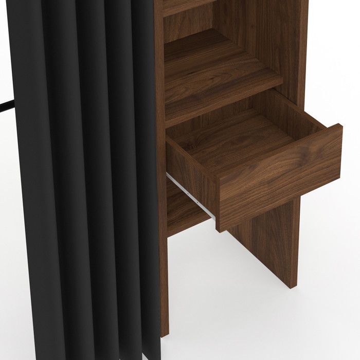 IDMARKET MERYL Uitschuifbare dubbele kledingkast 120/180 x 50 x 180 cm Walnoot met planken + dubbele kledingroede + zwart gordijn
