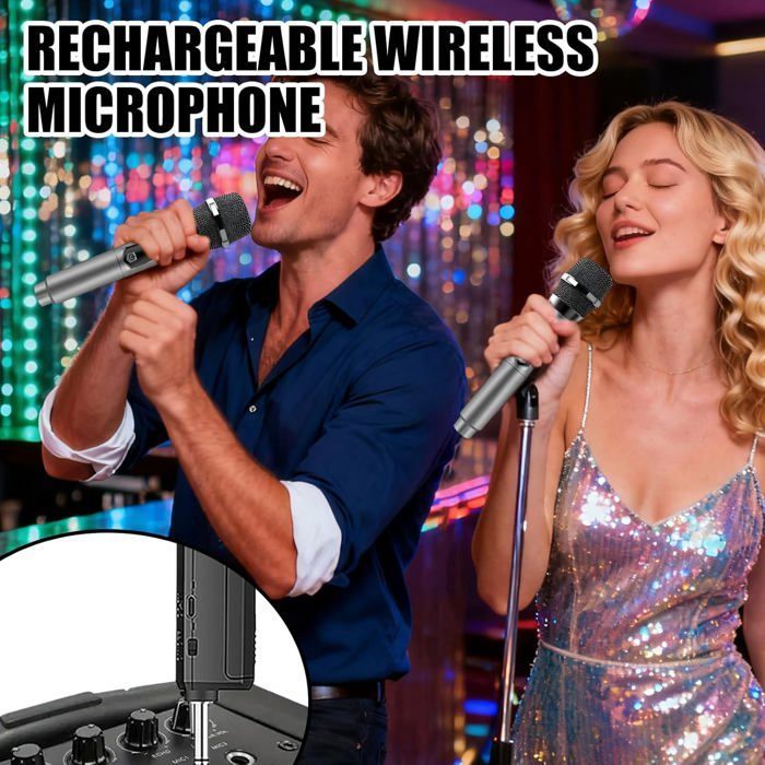Kit de micrófono inalámbrico - Sistema dinámico profesional - Alcance de 60 metros - Recargable por USB-C - Ideal para karaoke
