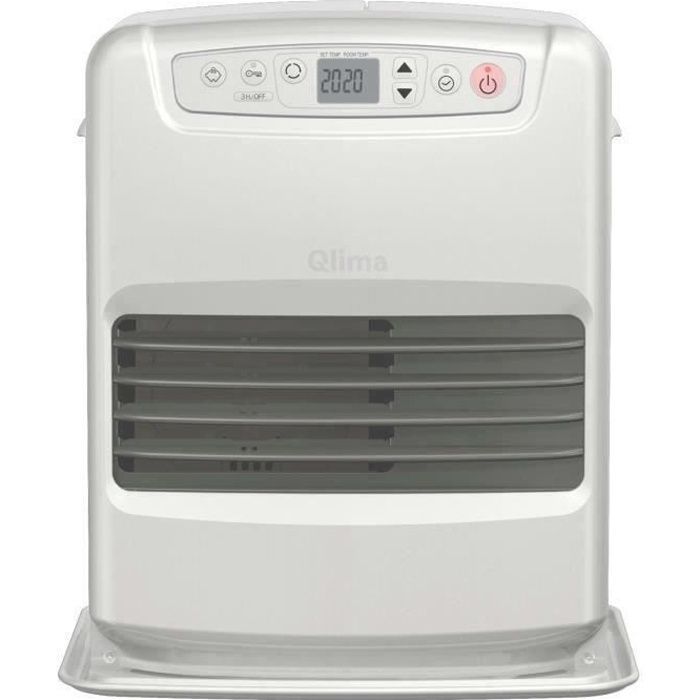 Riscaldatore a cherosene elettronico Qlima SRE 3231C2 da 3,1 kW per ambienti fino a 120 m³/48 m², sistema di controllo degli odori, regolazione della temperatura, colore grigio.