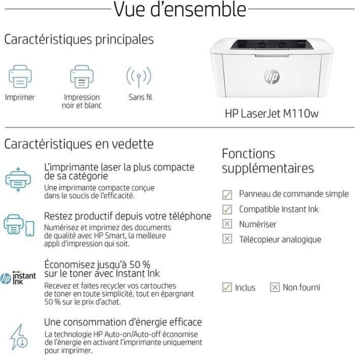 HP LaserJet M110w Imprimante monofonction Laser noir et blanc + Cartouche Toner Authentique Noir W142A