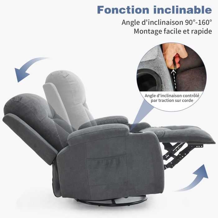 Fauteuil de Massage et Chauffage, avec pivotant à 360°, inclinable manuellement, 76x85x105,Gris foncé