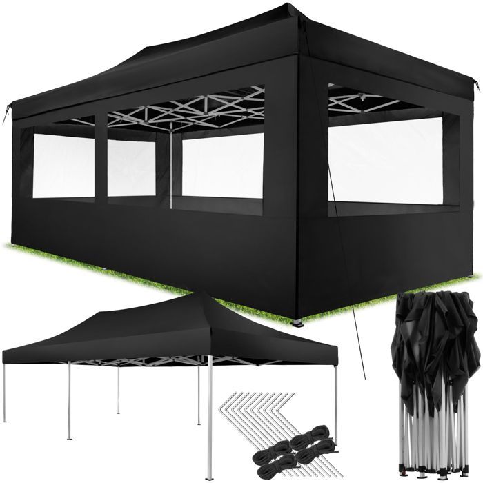 Padiglione da giardino - TECTAKE - VIOLA Gazebo pieghevole e regolabile in alluminio 6 x 3 m con 4 protezioni laterali - Nero