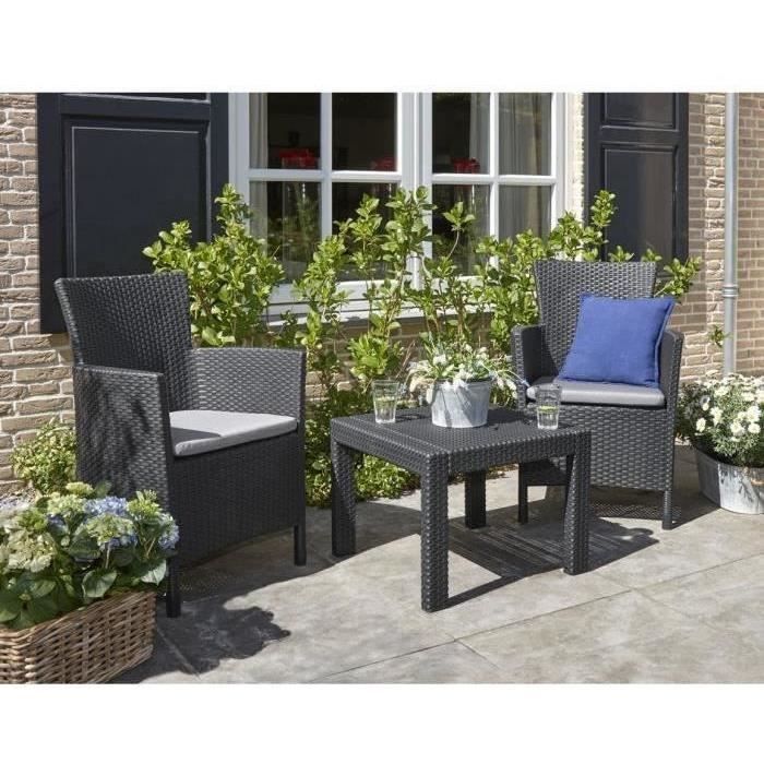 Set di mobili da giardino Keter Rosario, composto da 2 poltrone e un tavolino, effetto rattan, resistente alle intemperie, colore grafite.