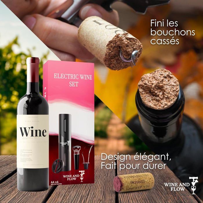 Tire bouchon electrique à piles 4 en 1 Wine and Flow – Idee cadeau homme amateur de vin – Coffret cadeau Ouvre Bouteille Electrique