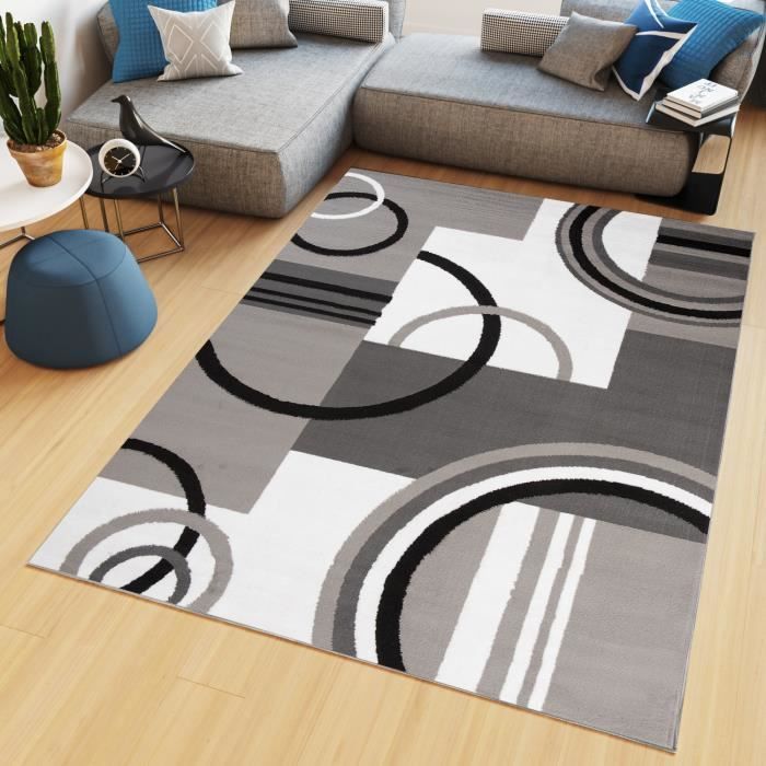TAPISO Tapis Salon Poil Court Maya Blanc Jaune Gris Noir Cercles Polypropylène Intérieur 120x170 cm