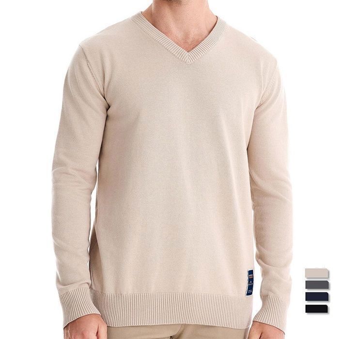 Suéter para hombre, suéter de algodón de punto fino con cuello en V para hombre, suéter de manga larga con cuello en V para hombre, corte clásico - Negro