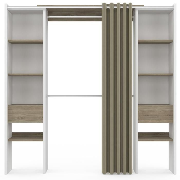 IDMARKET Dressing extensible double MERYL 120/180 x 50 x 180 cm blanc avec étagères hêtre + double penderie + rideau taupe