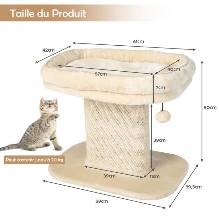 COSTWAY Arbre à Chat en Forme de Tour 50CM-Lit Grand Perchoir en Peluche-Pompons Suspendus-Tour à Gratter en Sisal pour