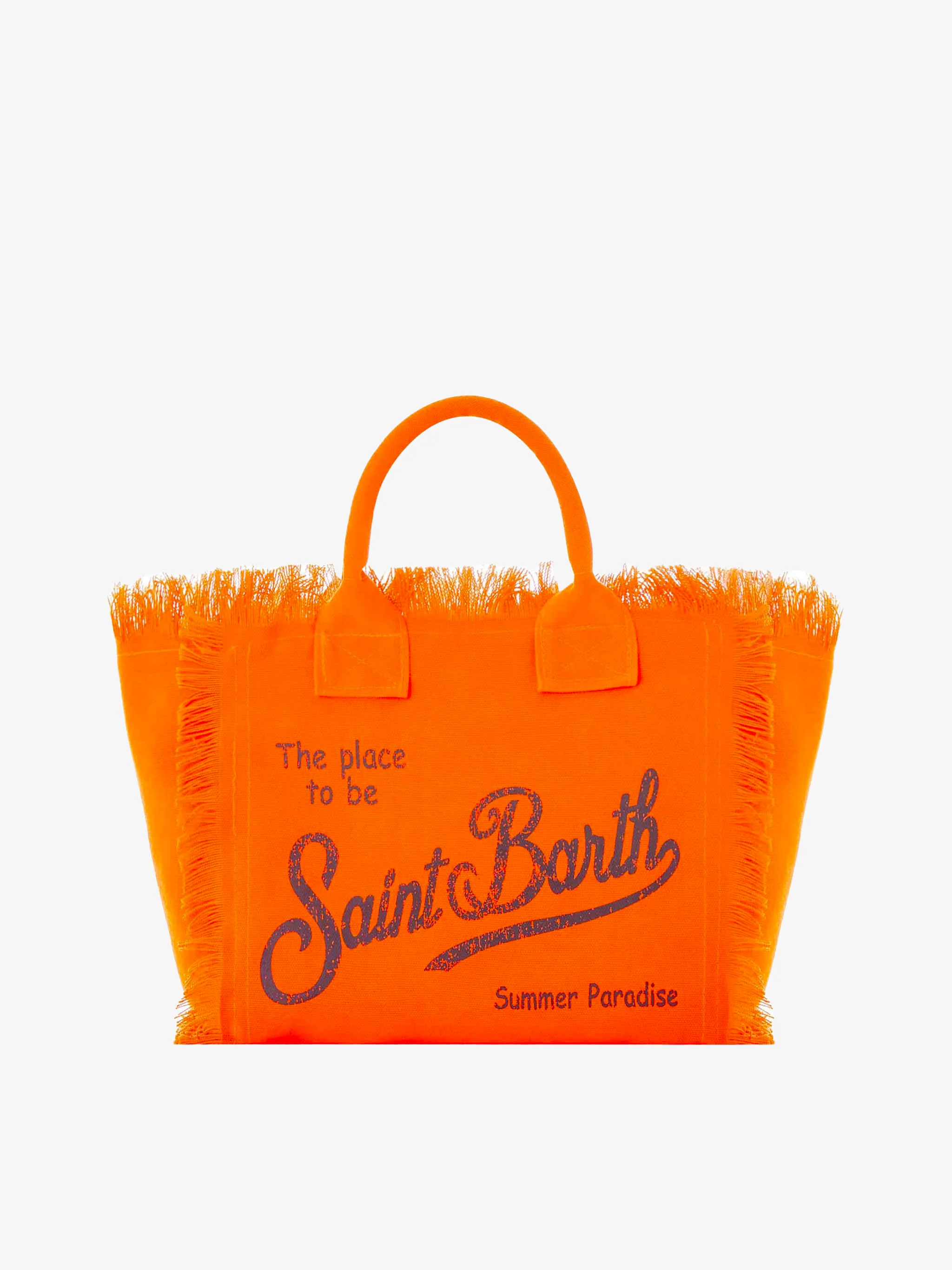 Colette fluo Orange Fringed Handbag with Saint Barth Logo | Inner Flap with Metal Zip | Inside Zip Pocket | Size: 26 x 14 x 23 cm | MC2 Saint Barth