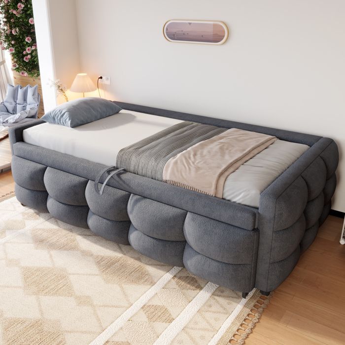 Sofá cama tapizado/cama extensible - 90/180x190 cm - Gris - Tejido de terciopelo Teddy - Multifuncional - Base de láminas