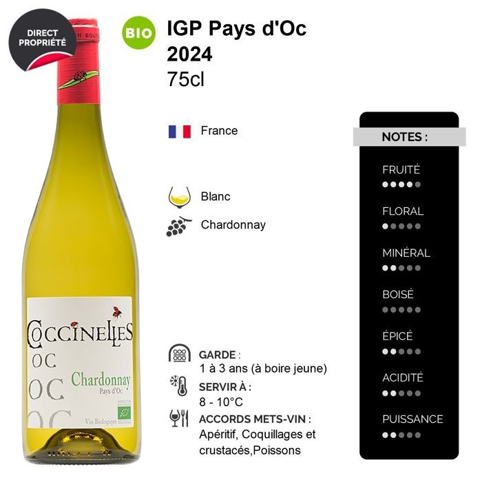 Château des Coccinelles Pays d'Oc Chardonnay 2024 - Vin Blanc du Languedoc - Roussillon (6x75cl) BIO