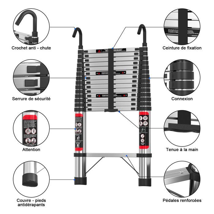 The 4.4-meter telescopic ladder is foldable, has 2 hooks, is a multi-purpose ladder, and has a maximum load capacity of 150 kg.