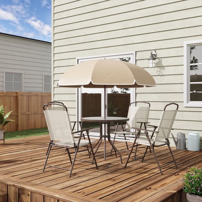 Outsunny garden furniture set - 6 pieces, round table, 4 folding chairs, parasol - steel - beige