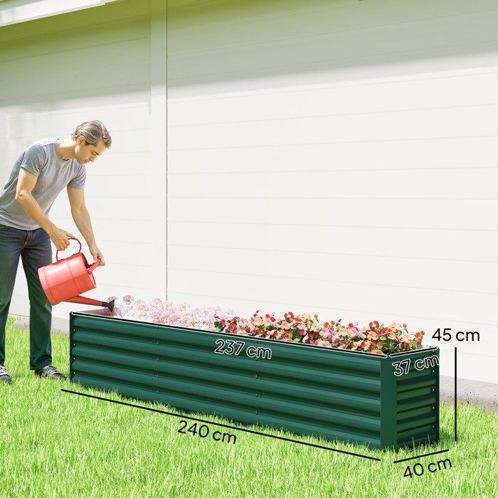 Huerto elevado Outsunny - barras de soporte y placas de esquina - fondo abierto - acero galvanizado - 240 x 40 x 45 cm - verde
