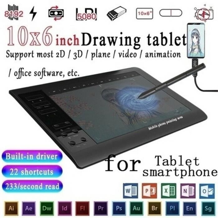 Tablette Graphique - Professionnelle - 10x6 pouces - 12 touches Express - 8192 niveaux - Noir
