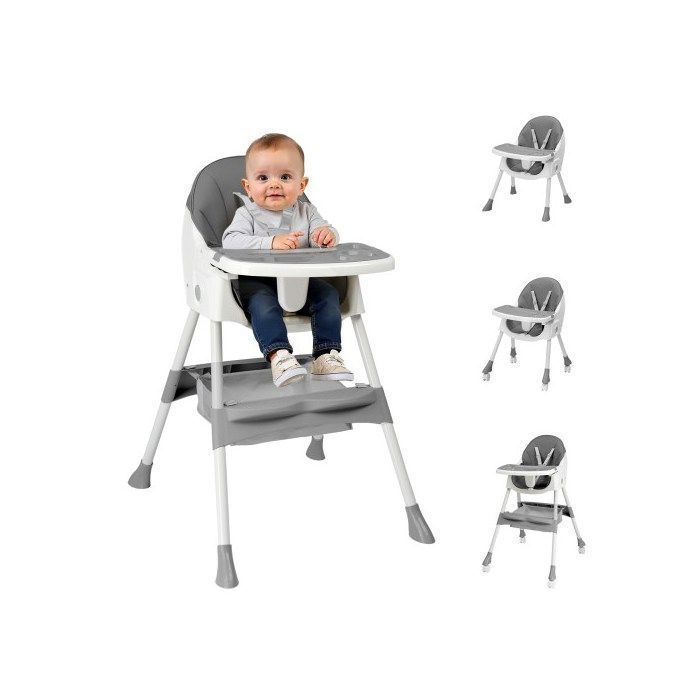 Baby High Chair - ALIGHTUP - Convertible high chair, reclining backrest, compact fold, adjustable, multi-functional - Grey