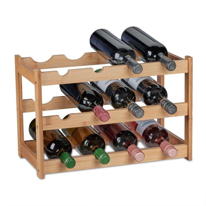 Relaxdays Rangement bouteilles de vin, 12 emplacements, bambou, HxLxP: 30 x 45 x 23,5 cm, non fixe, cuisine, bar, nature