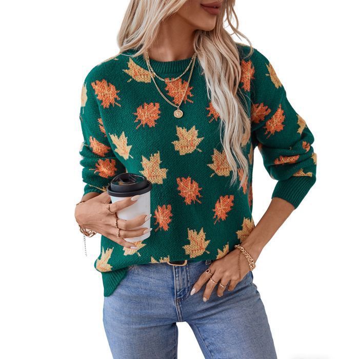 Jersey de mujer – Hojas de arce en jacquard – Otoño/Invierno – Cuello redondo – Manga larga – Verde
