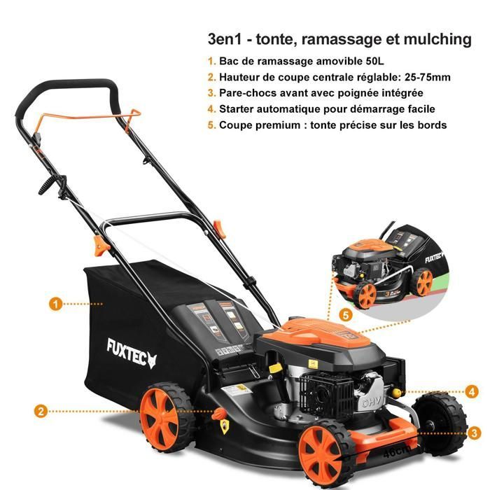 Rasaerba a benzina FUXTEC 146cc 46cm – a spinta, sacco di raccolta erba 50L – Modello FX-RM4646ECO 3.5 HP