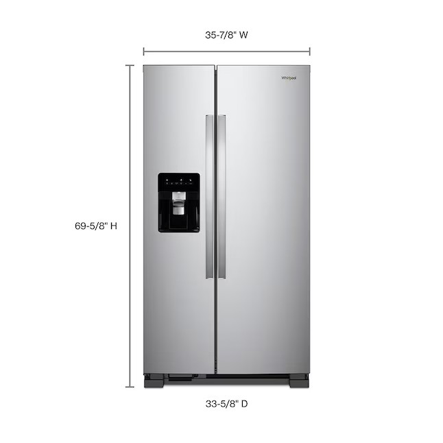 Whirlpool Side-by-Side-Kühlschrank mit 24,6 Kubikfuß Nutzinhalt und Eiswürfelbereiter (Edelstahl, fingerabdruckresistent)