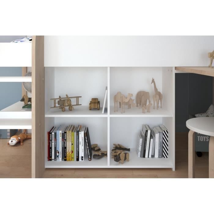 Cama infantil combinada con escritorio retráctil - PARISOT - LIAM - Blanco y roble - Base de láminas incluida - 90x200 cm