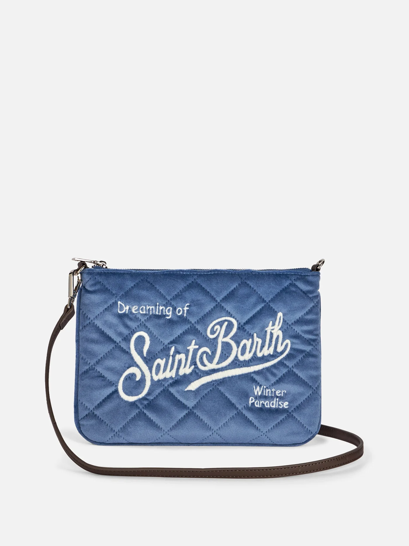 Pouch a tracolla Parisienne sherpa in velluto trapuntato azzurro