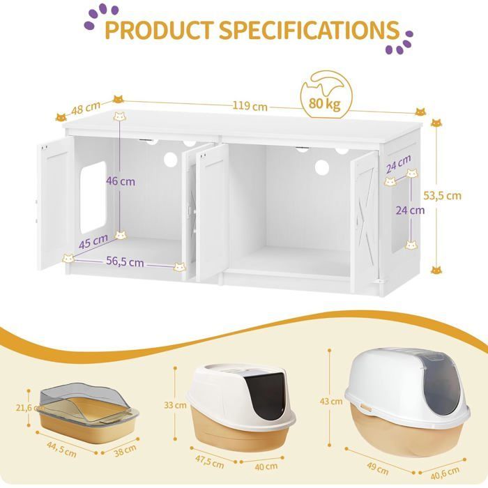 Maison de Toilette Chat, Meuble Litiere pour 2 Chats, Meuble pour Bac à Litière Caché, Maison pour Chat D'intérieur, Blanc
