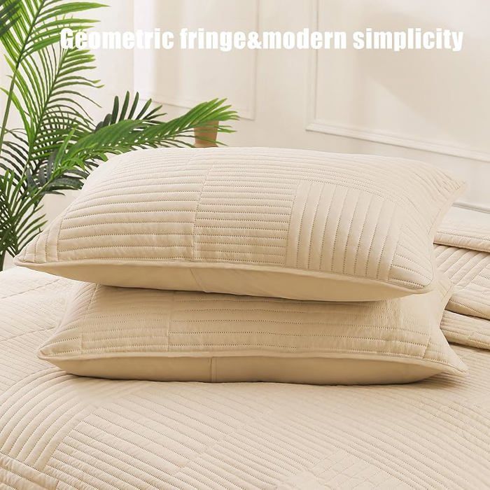 Colcha de 220x240 cm con 2 fundas de almohada, suave y ligera con estampado de rayas. #Beige BEI CAMA