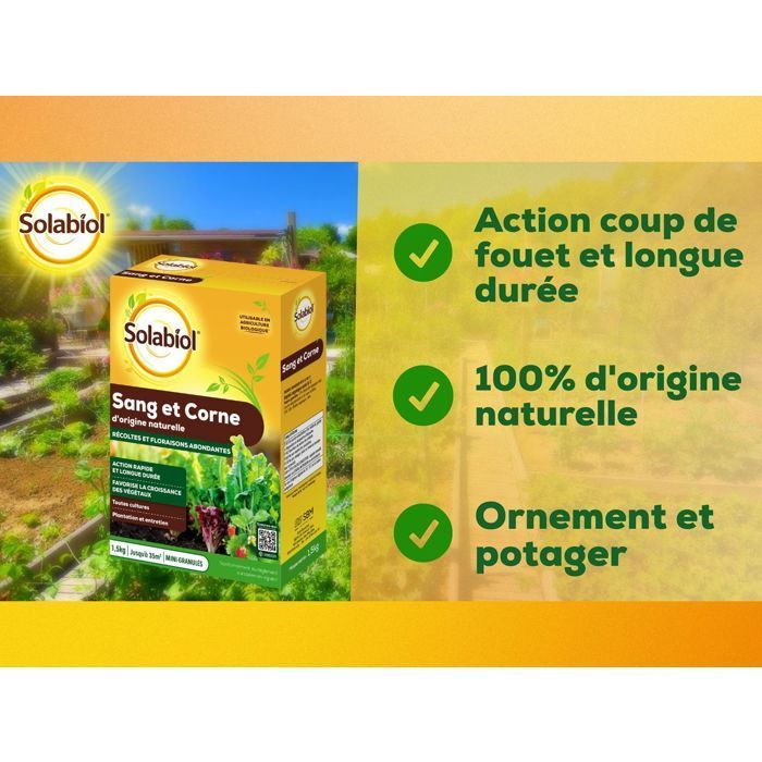 SOLABIOL Engrais sang et corne - 1,5kg - Jusqu'à 35m² - Effet rapide (sang) & longue durée (corne) - Facile à épandre