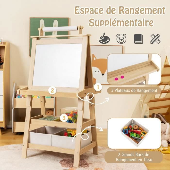 COSTWAY Tableau Enfant - Blanc Magnétique et Noir), Rouleau de Papier (Papier inclus), 3 Etagères et 2 Bac de Rangement Naturel