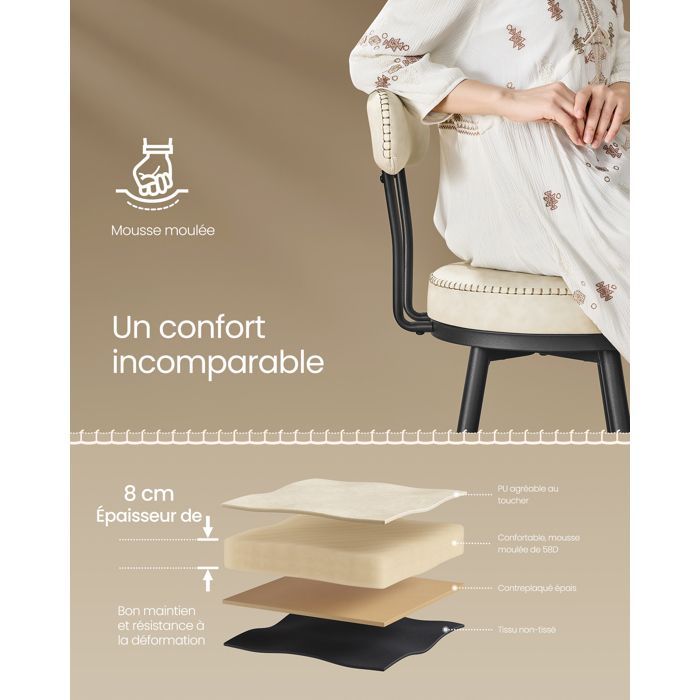 Swivel bar stool - VASAGLE - Set of 2 - 360° swivel - With backrest - Height 65 cm - Cream - PU - Stable