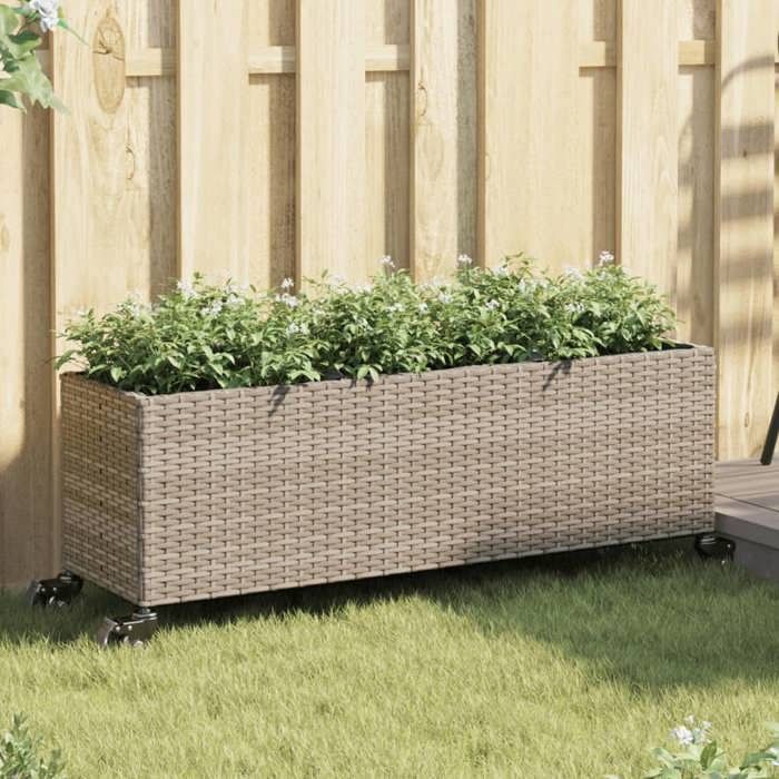 vidaXL Planter with Wheels/3 Pots Grey 107x32x38 cm Woven Resin, Outdoor Planter, Flower Box, Tomato Box, 366421
