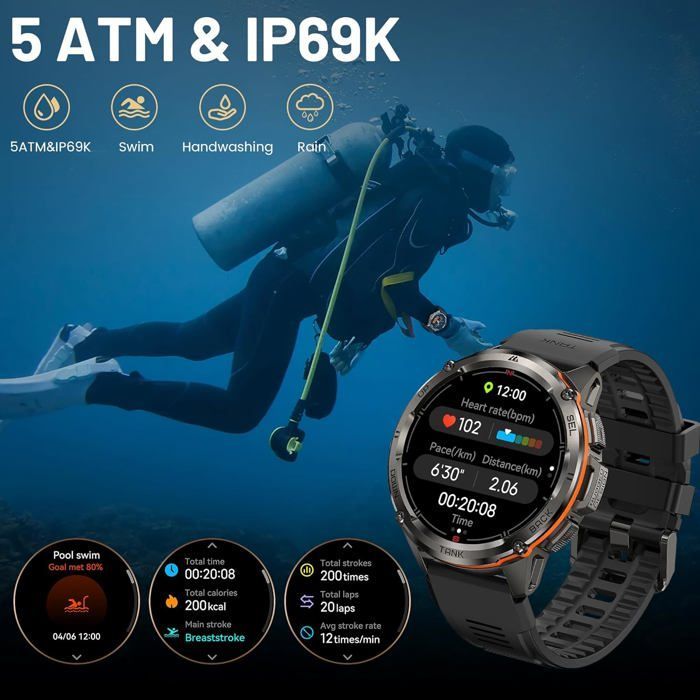 KOSPET T3 Ultra Smartwatch voor heren - GPS-smartwatch met 470 mAh, digitaal fitnesshorloge met AMOLED AOD-scherm en Bluetooth - Zwart