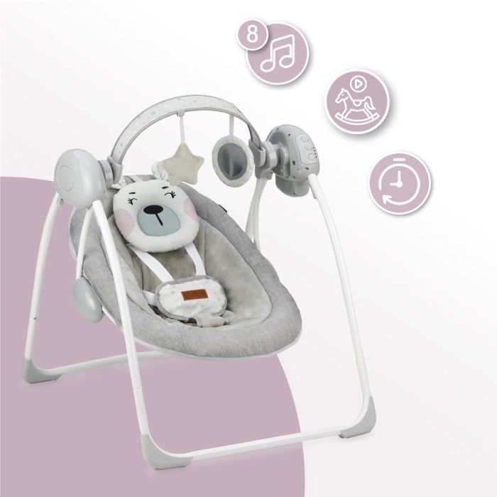 MoMi LISS - Balancelle Bébé Électrique - 5 vitesses de balancement - 8 mélodies - arche à jouets - Gris